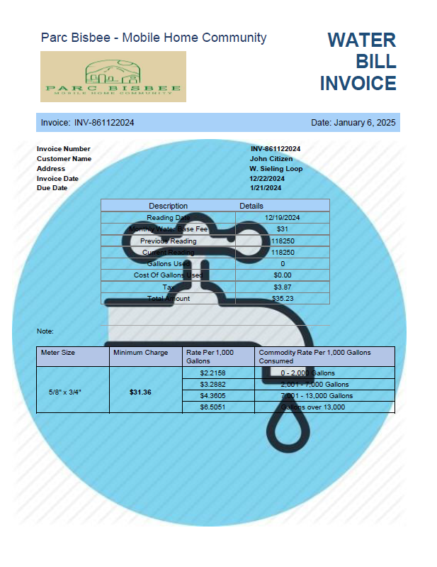 USA Parc Bisbee utility bill template in Word and PDF formats